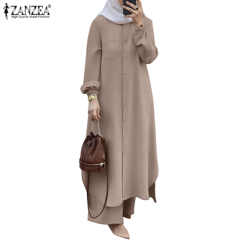 ZANZEA Women Long Sleeved Button Down Front Casual Front Pockets Muslim 2PCS Set