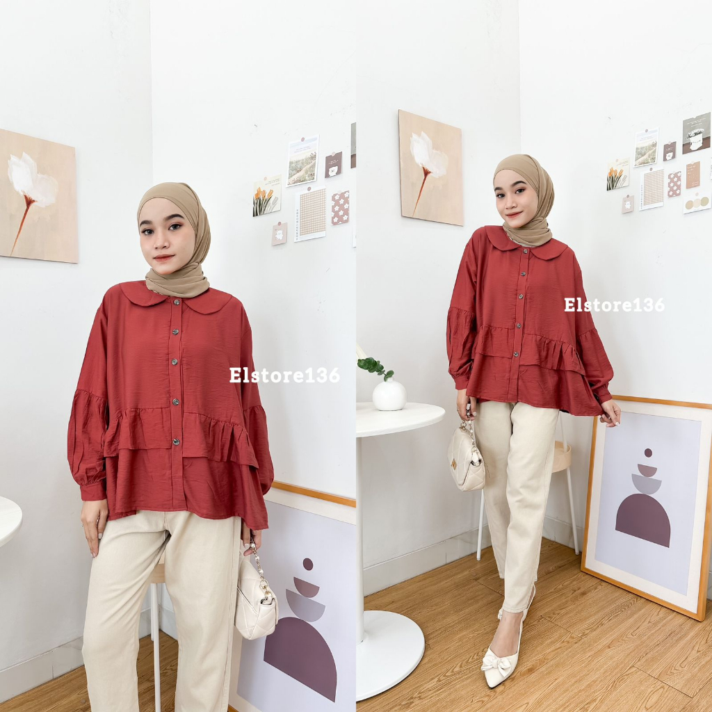 Airin Blouse Bahan Polo Linen Atasan Wanita Full Kancing Lengan Panjang Allsize