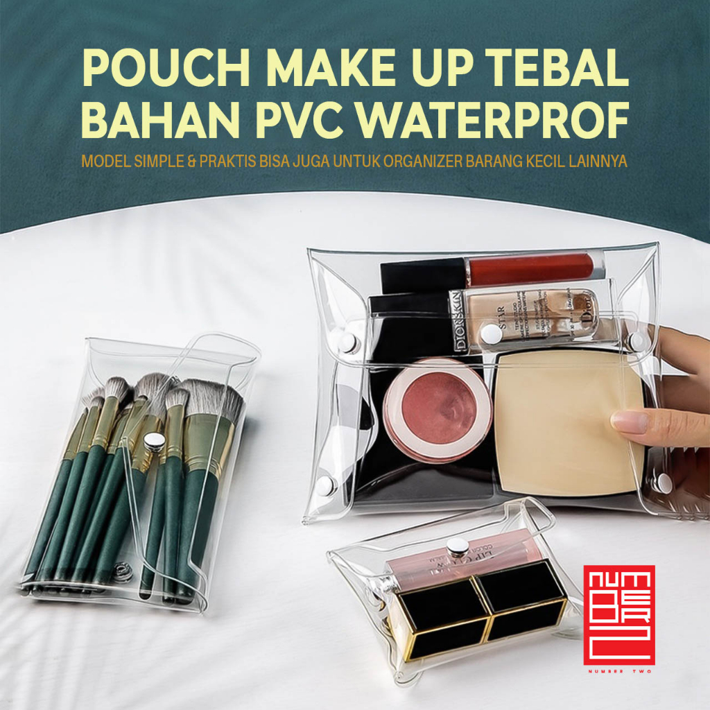 Pouch make up dompet kosmetik mini lucu transparan bening polos persegi aesthetic estetik simple serbaguna organizer bag travel traveling plastik pvc tebal waterprof anti air