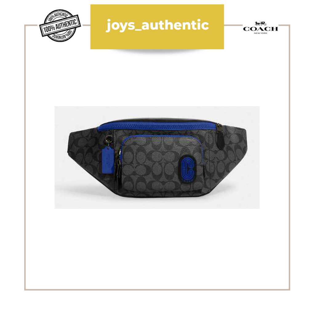 Tas pria coach track waist bag signature charcoal sport biru blue with coach patch man bag authentic