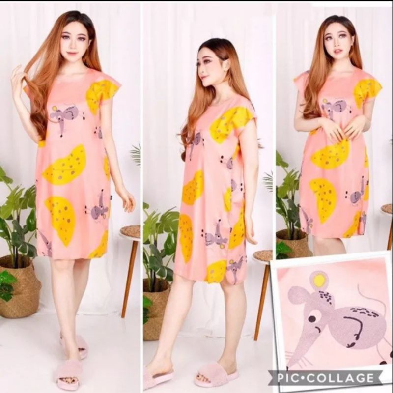 Ecer Daster Midi Motif Mouse Lucu Baju Tidur Katun