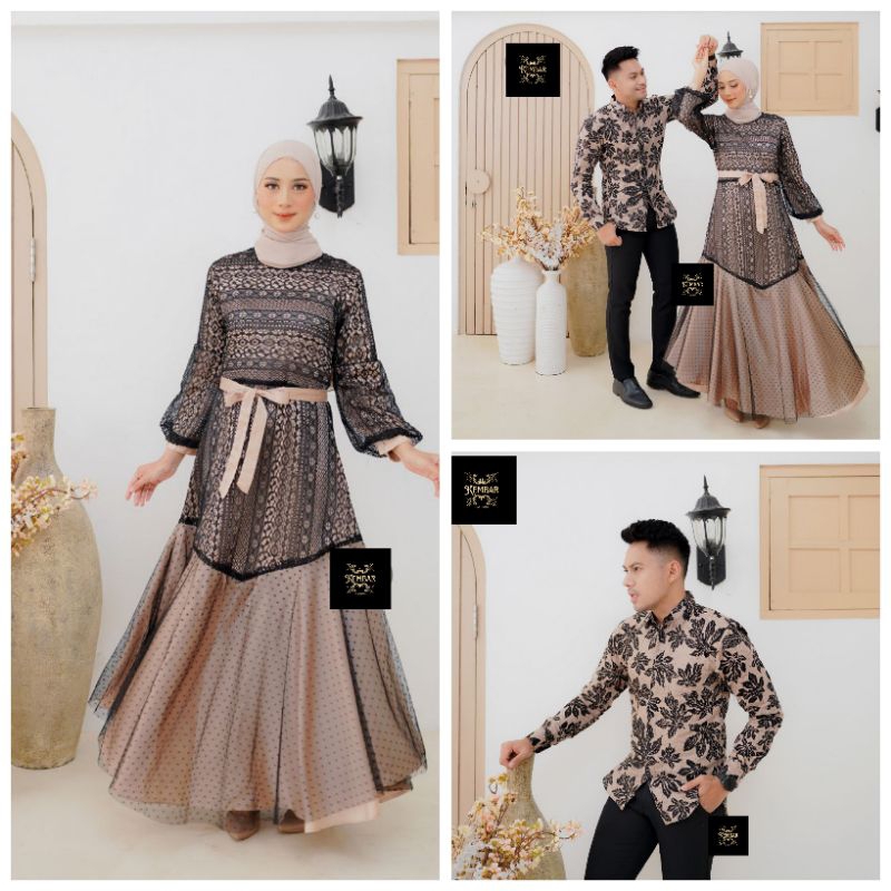 Couple Gamis Naelam Brokat Kombinasi Tulle Kain Tile Dit mix Maxmara Kemeja Batik Motif Hitam