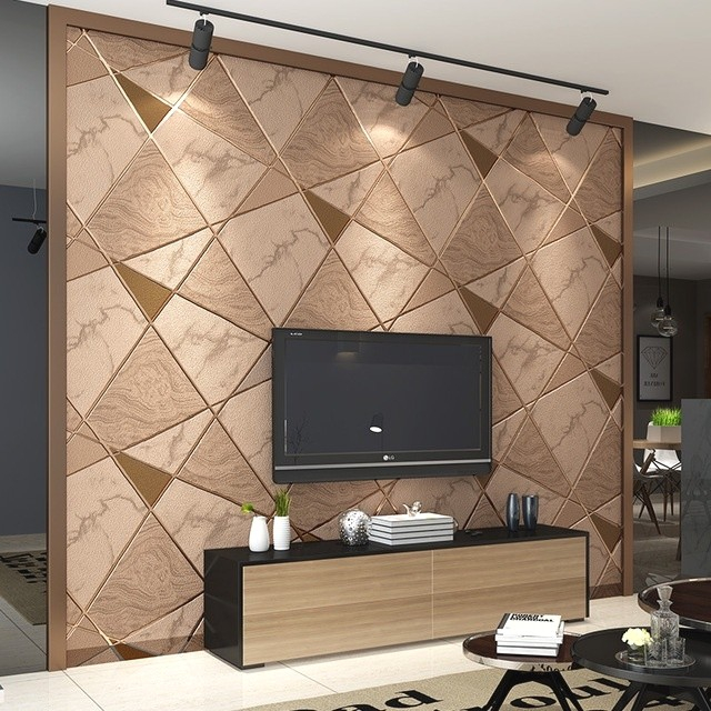 WALLPAPER DINDING MOTIF MARMER SEGITIGA COKLAT