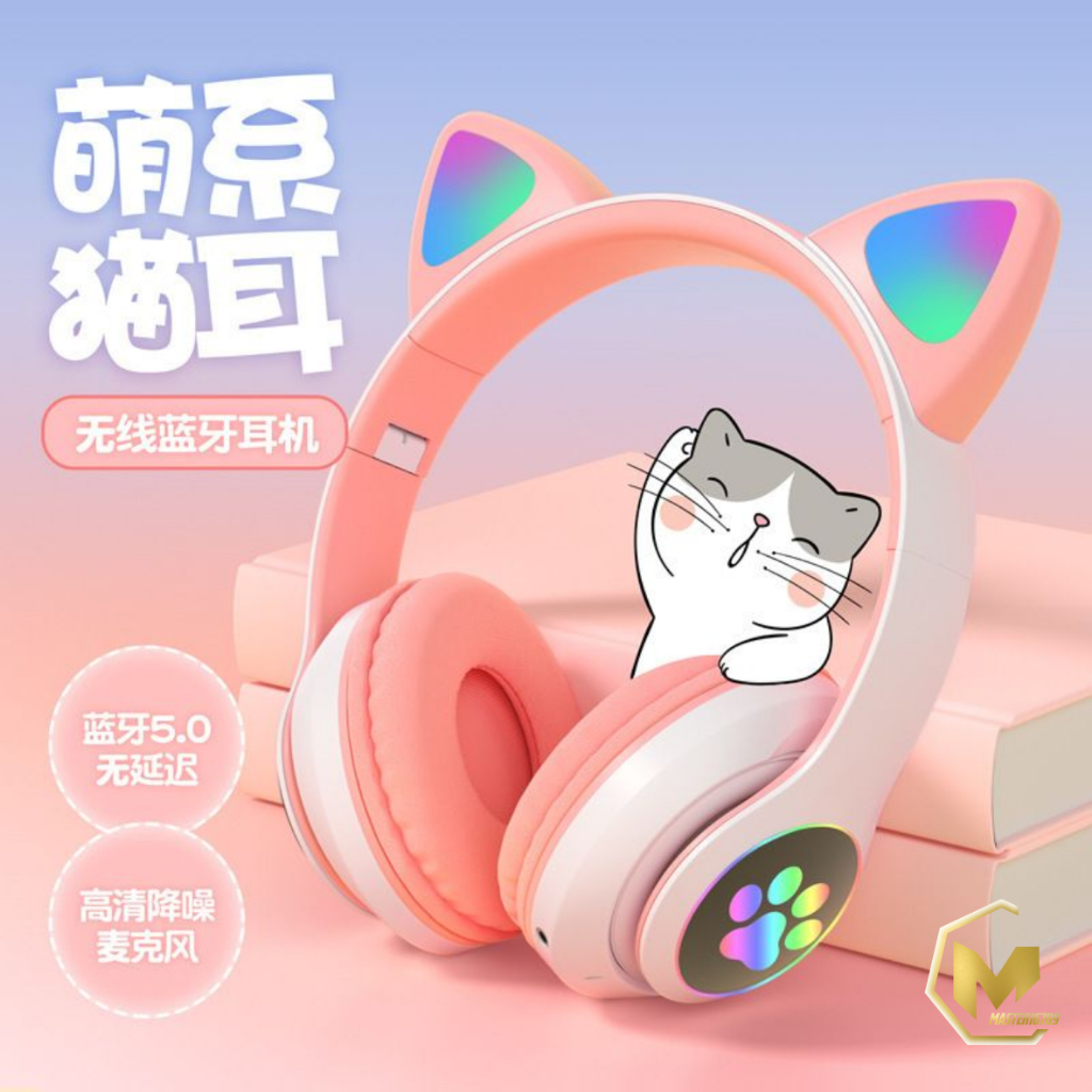 Hf bando headphone B39 STN28 Kucing Karakter LED Color Headset Gaming Bluetooth Wireless Game Headset Cat Ear LED Bando anak Perempuan Cewek Wanita Headset Led RGB Headset Komputer Headphone Laptop MA025