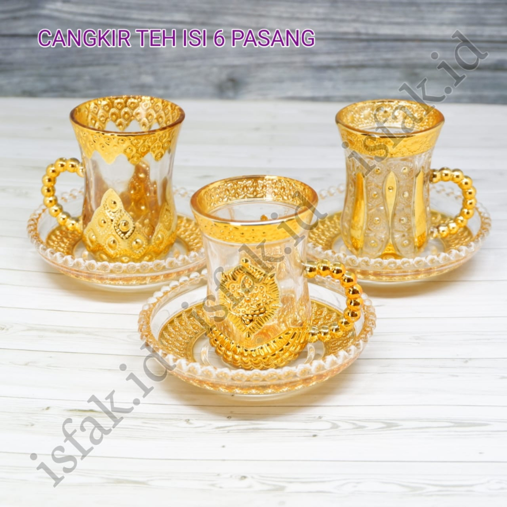 Gelas Cangkir Set Tatakan Piring Isi 6pcs Cawan Teh Arab Turki Sahi Kopi Cantik 6 Pasang