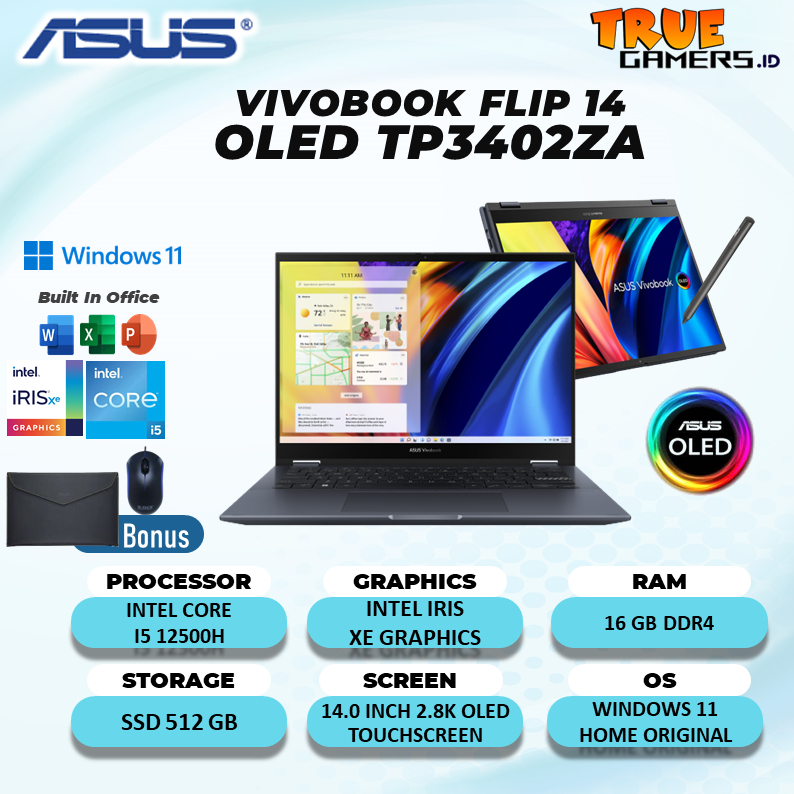 Laptop Asus Flip 14 OLED TP3402ZA TOUCH I5 12500H 16GB 512SSD 14.0 2.8K free PEN