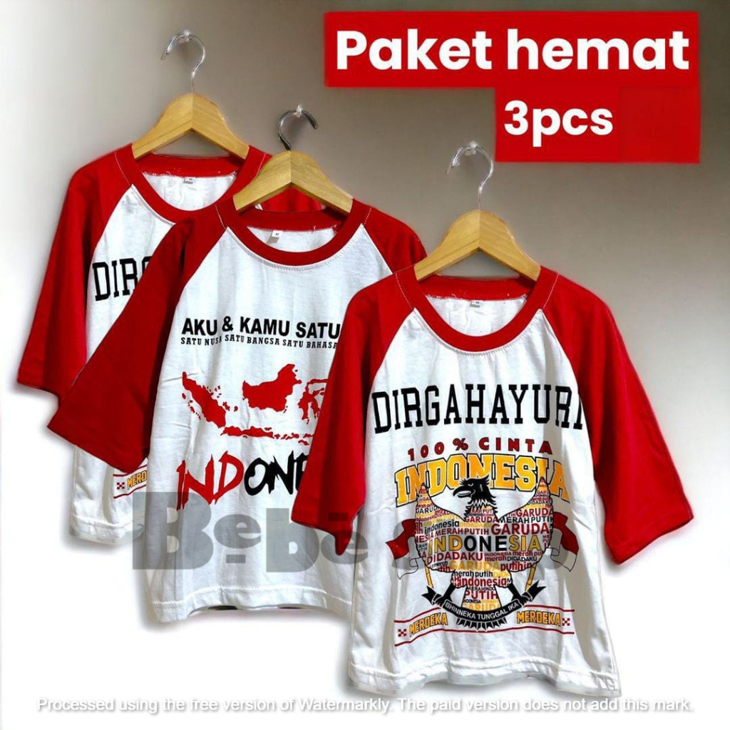 Paket Hemat 3 pcs atasan baju merah putih motif 17 agustus kemerdekaan indonesia bahan katun