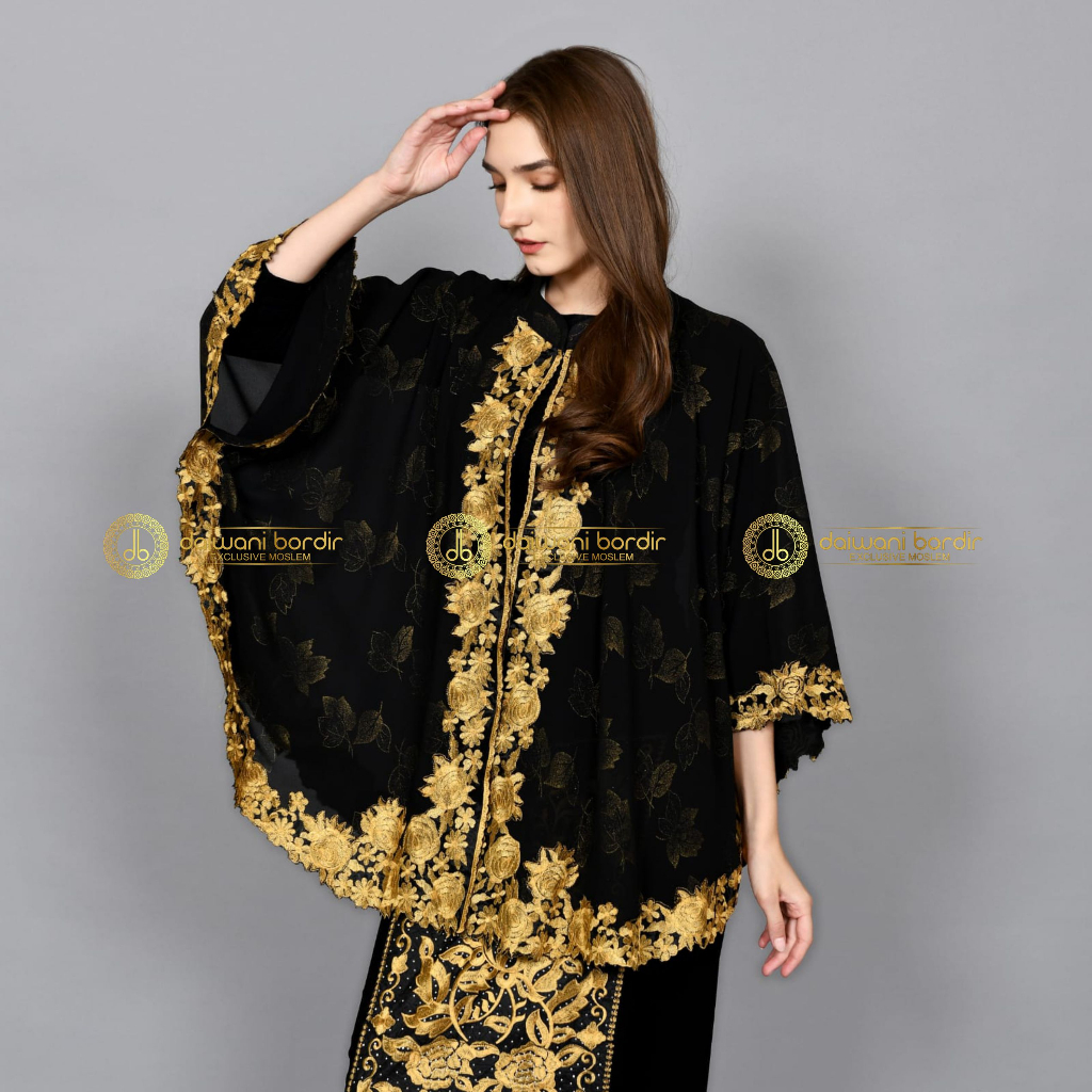 SETELAN BAJU ATASAN CERUTI GOLD MOTIF DAUN DAN ROK LILIT BORDIR