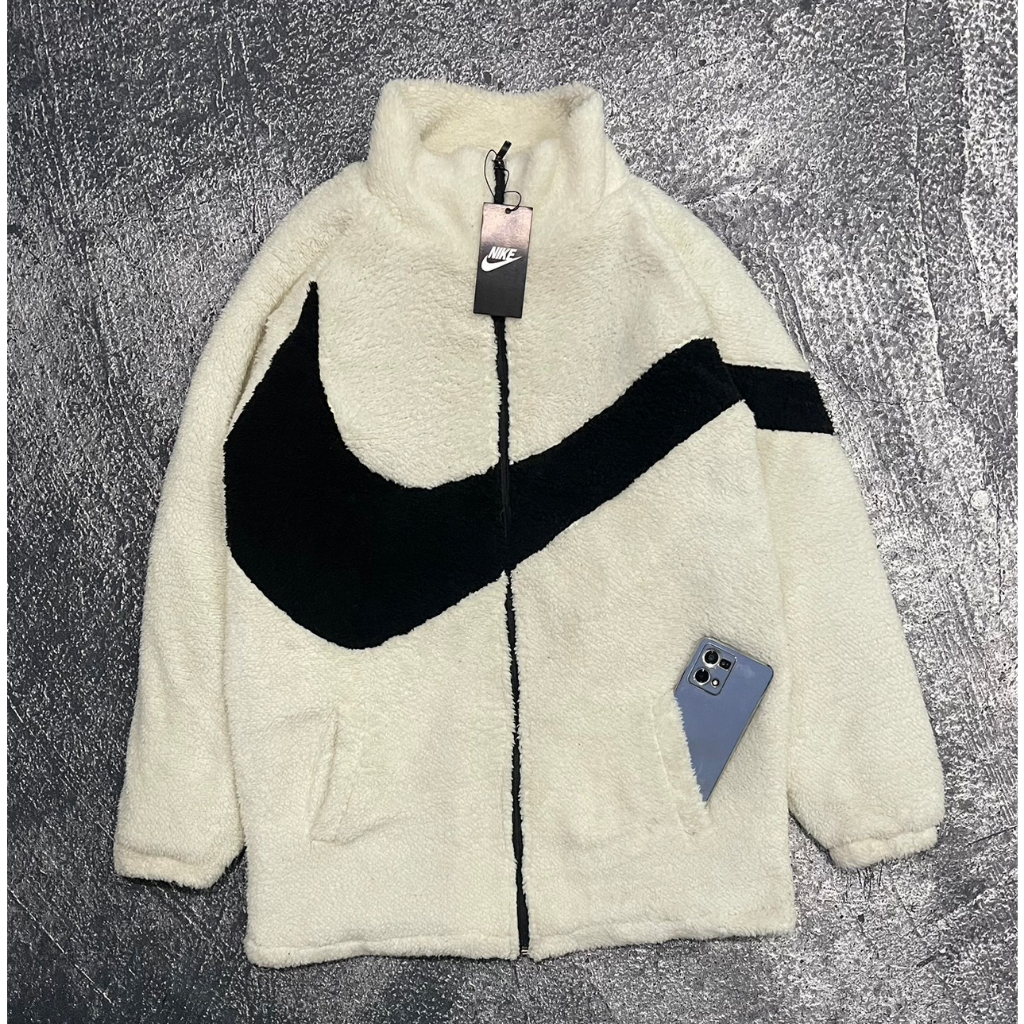 HOODIE ZIPPER SHERPA NIKE BIG SWOOSH PUTIH AUTHENTIC PREMIUM