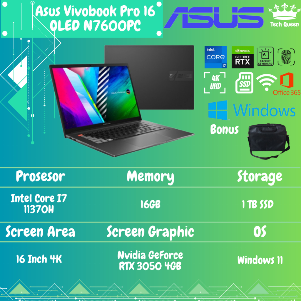 Asus Vivobook Pro 16 OLED N7600PC RTX3050 4GB/ I7 11370H 16GB 1TBSSD W11+OHS 16.0 Inchi 4K