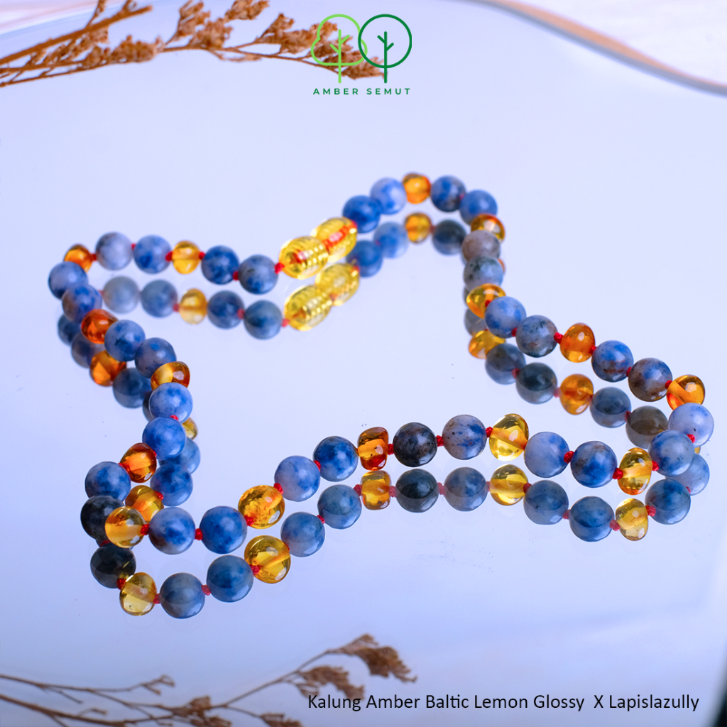 PROMO FREE GELANG - Kalung Amber Baltic Lemon Glossy X Lapislazuli by AMBER SEMUT