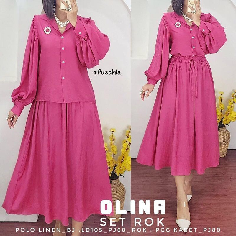 Baju Setelan Wanita Olina Set Rok Bahan Pollo Linen Terlaris Stelan Wanita Muslim Jumbo Kekinian 2023