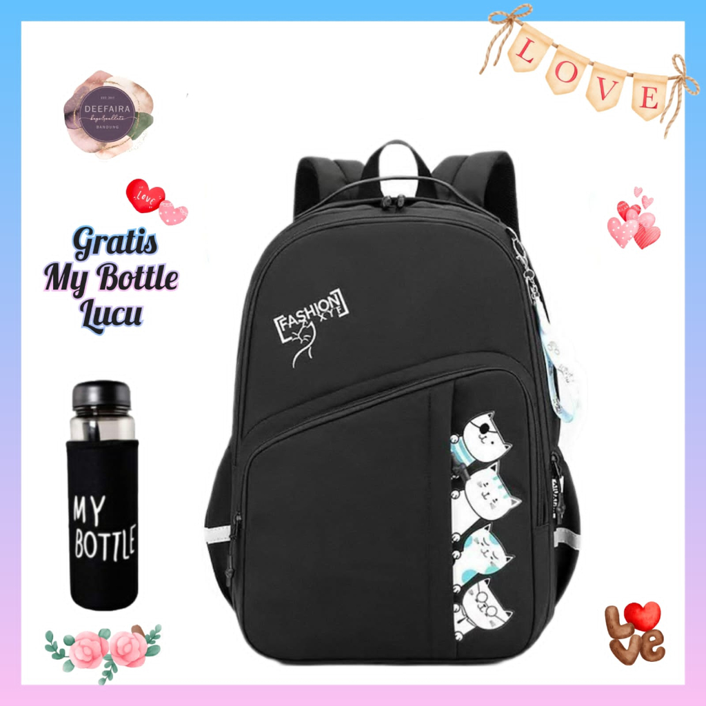 Ransel Anak Perempuan Motif Gambar 4 Kucing Kecil Gratis Botol Minum Untuk Sd &amp; Smp