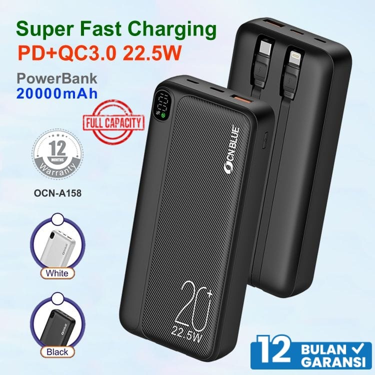 Ocean Blue OCN A158 Power Bank 20000mAh USB C Built in 22.5W PD QC 3.0 Super Fast Charging PowerBank