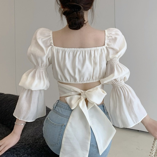 [CLEARANCE] Korean Women Backless Puff Long Sleeved Crop Blouse Atasan Wanita Lengan Panjang 2631