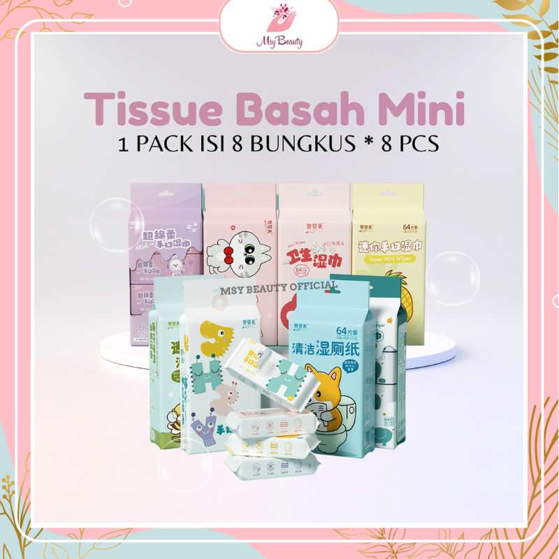 MSY Tisu Basah Mini Travel/Tissue Basah Lucu Mini Karakter Hewan/Tissue 1Pack isi 8bungkus/Tisu Mini Portabel Murah Praktis