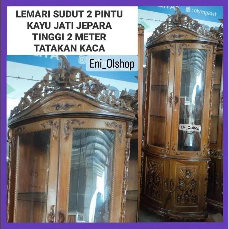 LEMARI HIAS SUDUT 2 PINTU KAYU JATI JEPARA, TINGGI 2 Meter, TATAKAN KACA, Palembang