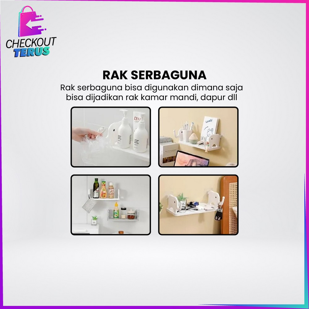 CT C864 Rak Dinding Tempel Kamar Mandi Motif Gajah Tanpa Paku Serbaguna Storage Rack Rak Dapur dengan Gantungan Multifungsi