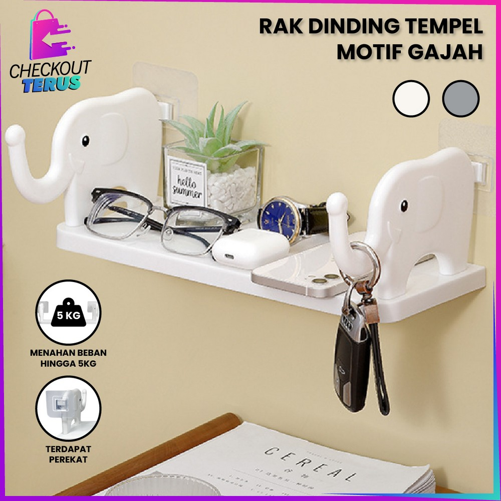 CT C864 Rak Dinding Tempel Kamar Mandi Motif Gajah Tanpa Paku Serbaguna Storage Rack Rak Dapur dengan Gantungan Multifungsi