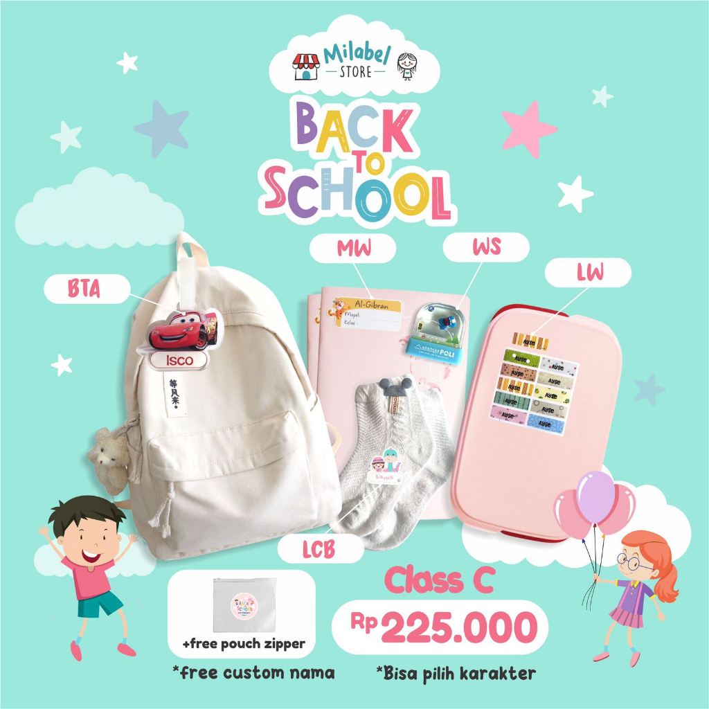 

MILABELSTORE - Back To School PAKET C stiker baju/label nama/gantungan tas/label buku/stampel nama SD,SMP,SMA/