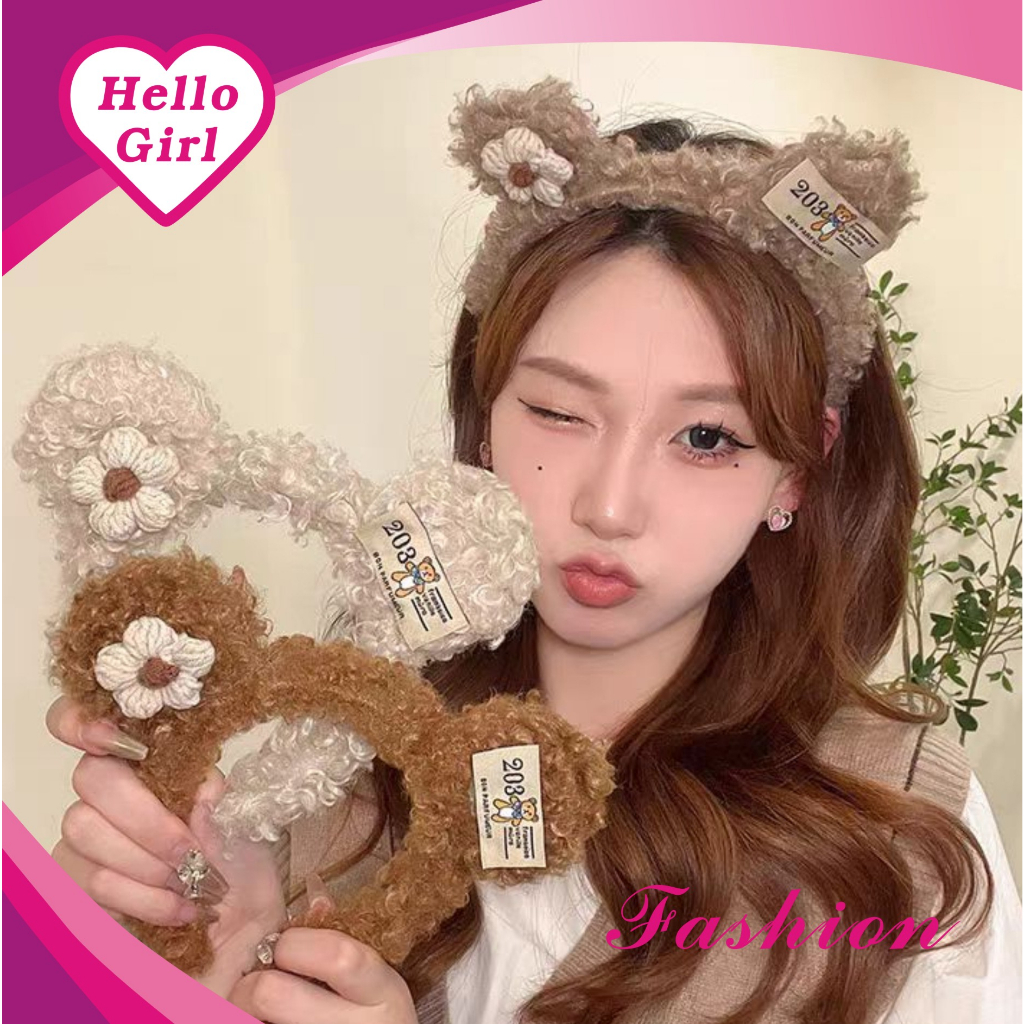 (Hello Girl)B80  Bando Wanita Karakter Telinga Beruang Bulu Lucu  Korea Import