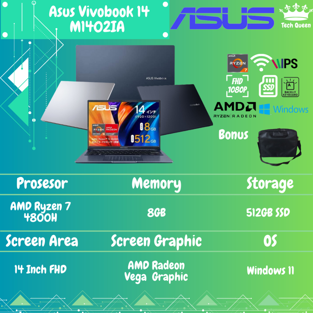 ASUS VIVOBOOK 14 M1402IA VIPS751 / VIPS752 - RYZEN 7 4800H 8GB 512GBSSD WINDOWS 11+OHS 14.0 INCHI FHD IPS BLIT