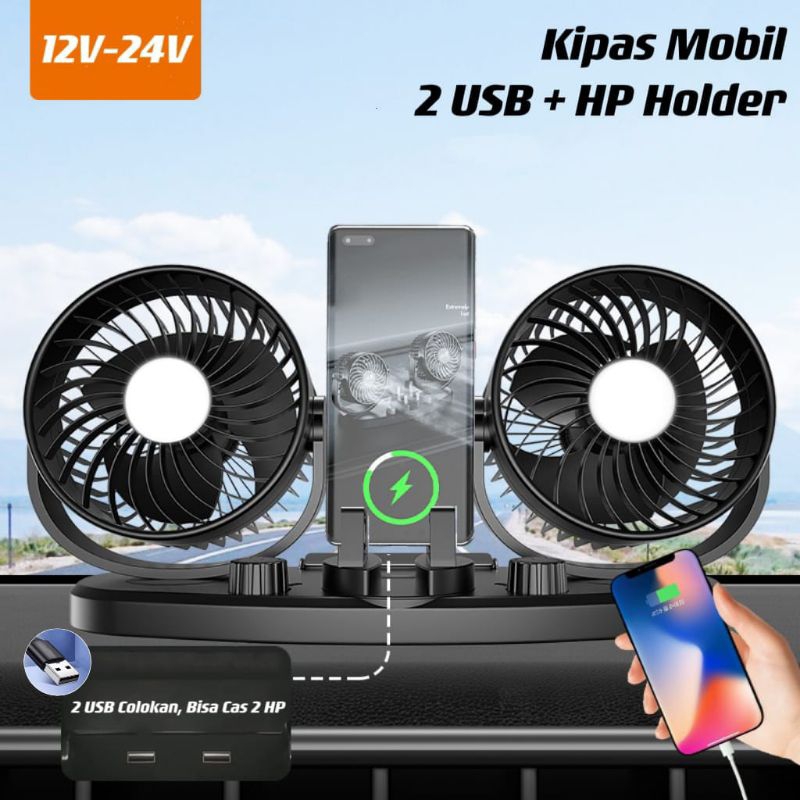 Kipas Angin Mobil 12V-24V Double Headed Fan 2 USB Colokan Dan HP Holder Pegangan HP⭐Panda99⭐