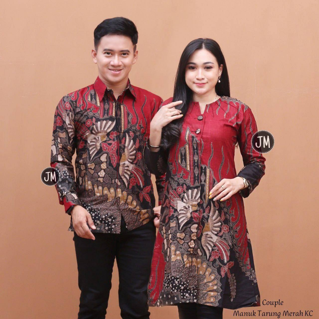 Baju batik couple-an pasangan serasi motif manuk tarung merah by Osaka Jaya