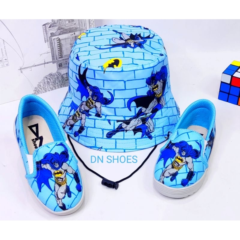 Paket Sepatu Formal Anak Laki Topi Bucket Anak Laki Motif Batman Biru 1 - 7,5 thn