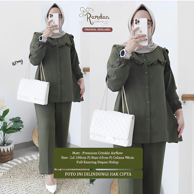 Ramdan Collection | Sandrina Milly One Set Bahan Crinkle Airflow Jipper Depan Sleting Depan Setelan Wanita Kekinian Tunik + Celana Import Fashion Muslim Jumbo OOTD Baju Wanita Premium Terbaru Anak Perempuan Kondangan Hitam Long Tunik Atasan Busui