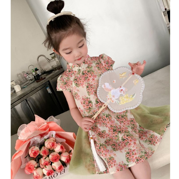 Dress Cheonsam Anak Perempuan Motif Bunga Peony