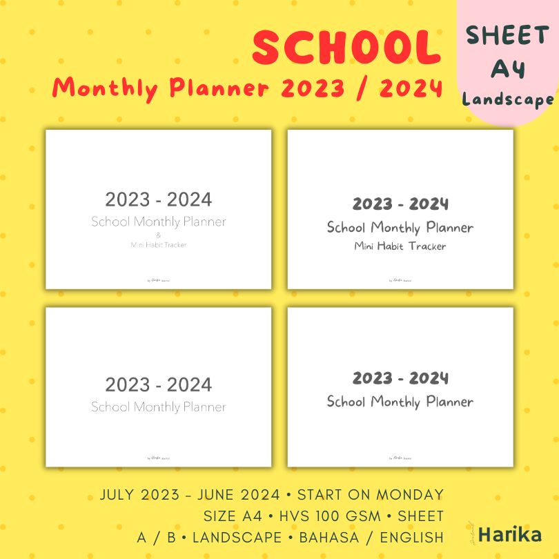 

Monthly Planner for School 2023-2024 | Kalender | A4 | Lembaran