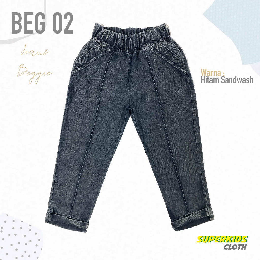 CELANA ANAK PEREMPUAN JEANS NEVY PANJANG MODEL BEGGIE  WARNA HITAM SANDWASH SUPERKIDS 1 - 10 TAHUN