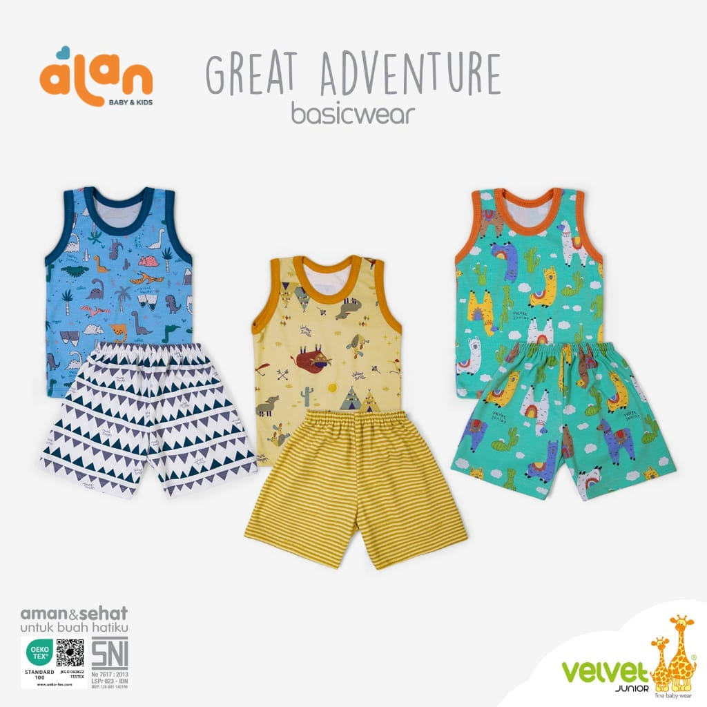 Velvet Junior Stelan Baju Singlet &amp; Celana Pendek Isi 3pcs - Great Adventure Series