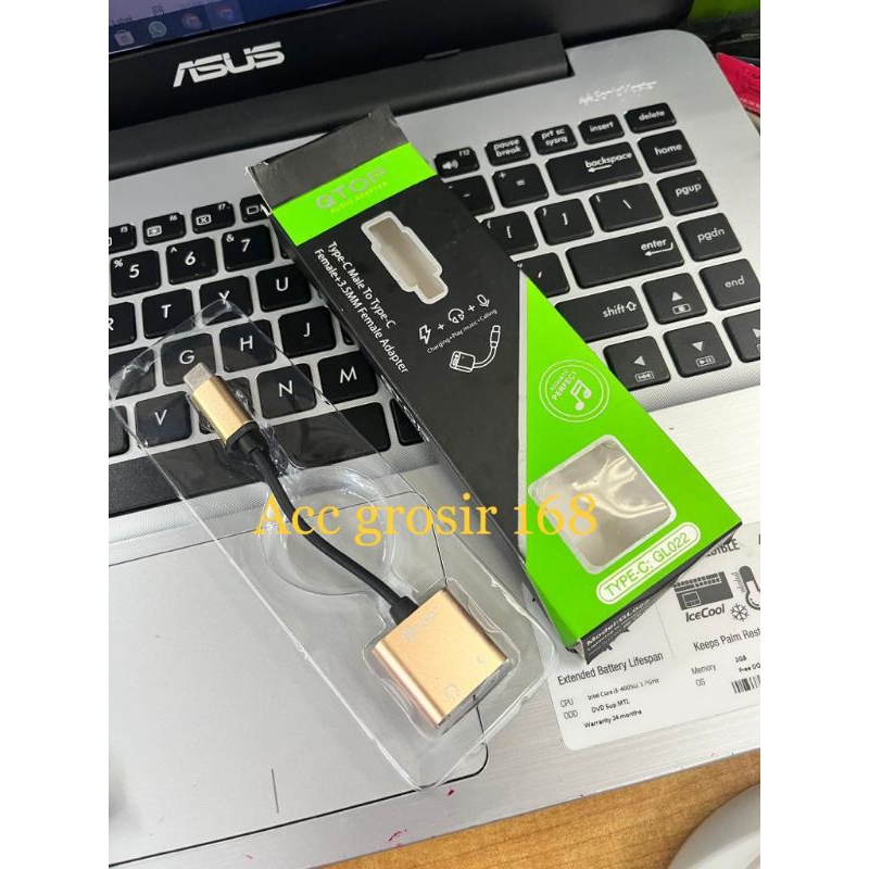 Sambungan Handsfree Qtop Type C + Charger To 3.5mm Adapter Model GL022