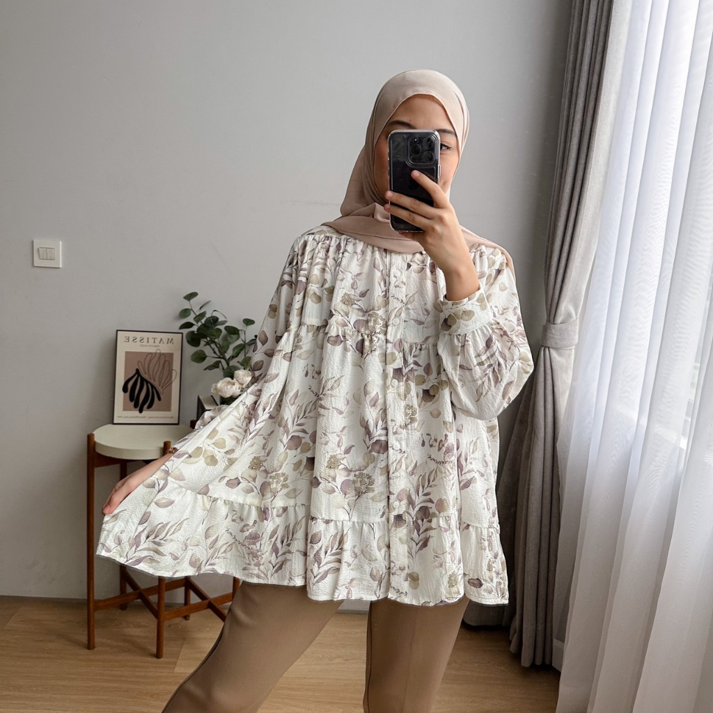 Oclo Chieri Blouse atasan wanita crinkle ovesize bunga motif flower Casual