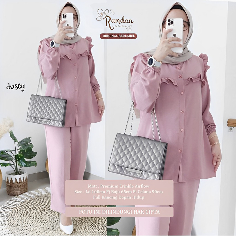 Ramdan Collection | Sandrina Milly One Set Bahan Crinkle Airflow Jipper Depan Sleting Depan Setelan Wanita Kekinian Tunik + Celana Import Fashion Muslim Jumbo OOTD Baju Wanita Premium Terbaru Anak Perempuan Kondangan Hitam Long Tunik Atasan Busui