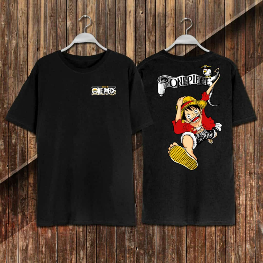 Baju Kaos T-shirt Distro Terbaru / Kaos One Piece Luffy Lompat Hitam / Kaos Kekinian / Kaos Anime / 