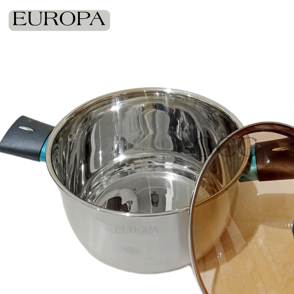 A1 Panci Europa Soup Pot Stainless Tutup Kaca High Qulaty Anti Karat Casserole Soup Pot Stainless 24Cm