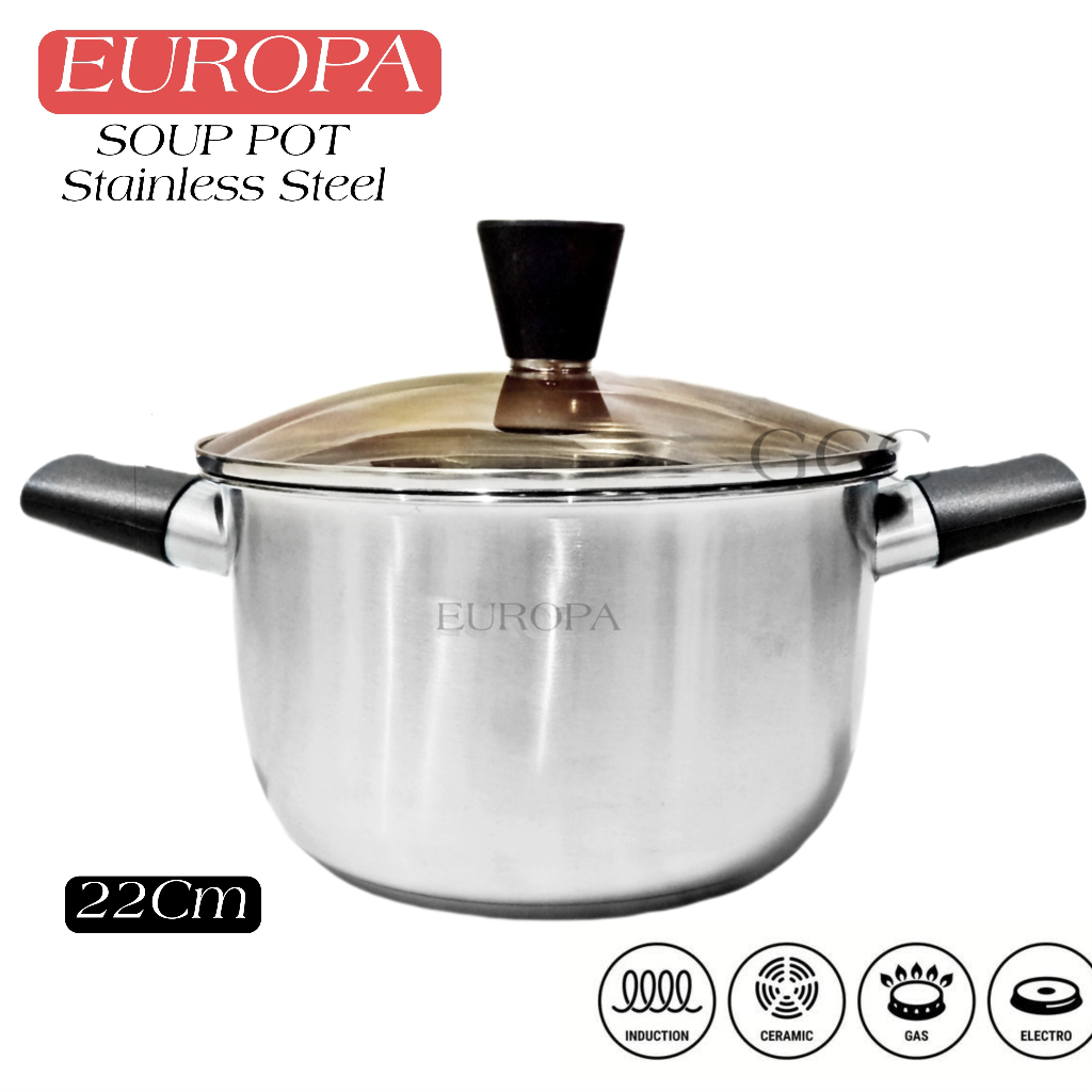 A1 Panci Europa Soup Pot Stainless Tutup Kaca High Qulaty Anti Karat Casserole Soup Pot Stainless 22Cm