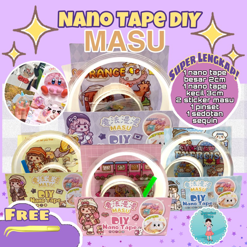 Nano Double Tape Stiker MASU/Masu Sticker/Nano Double Tape Fancy/Mainan Balon Nano Tape Stiker Masu/Balon Gliter Nano Tape/Mainan anak Nano tape blow bubble balon tiup original viral ada sticker dan manik2 nya