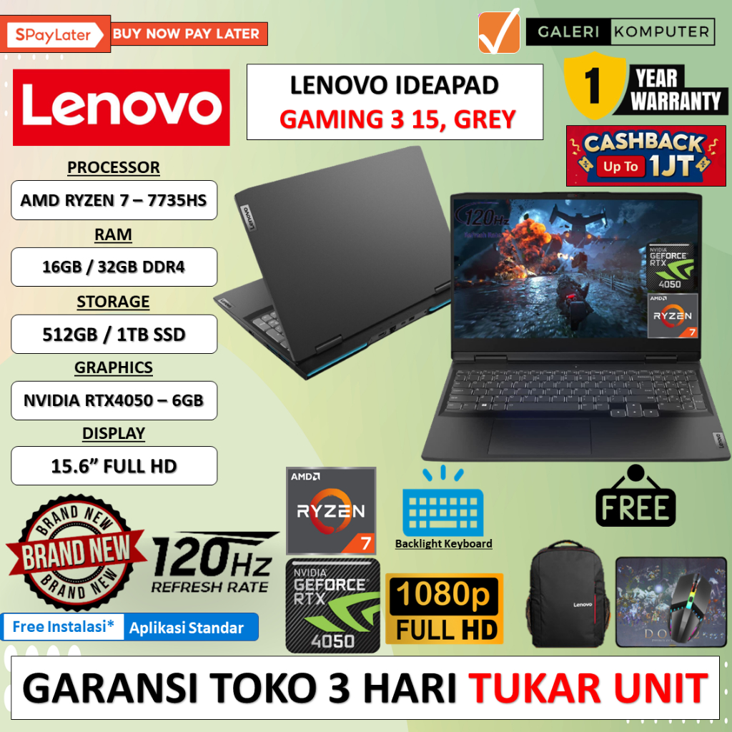 LAPTOP LENOVO IDEAPAD GAMING 3 15 AMD RYZEN 7 7735HS 16GB 512GB RTX4050-6GB 15.6 FHD 120HZ WINDOWS 11 HOME ORIGINAL