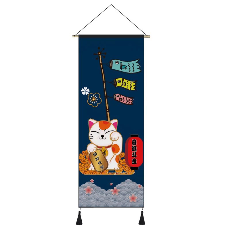 Maneki Neko poster gantung gaya Jepang Kakemono dekorasi rumah ruang tamu latar belakang lukisan seni dinding permadani Anime