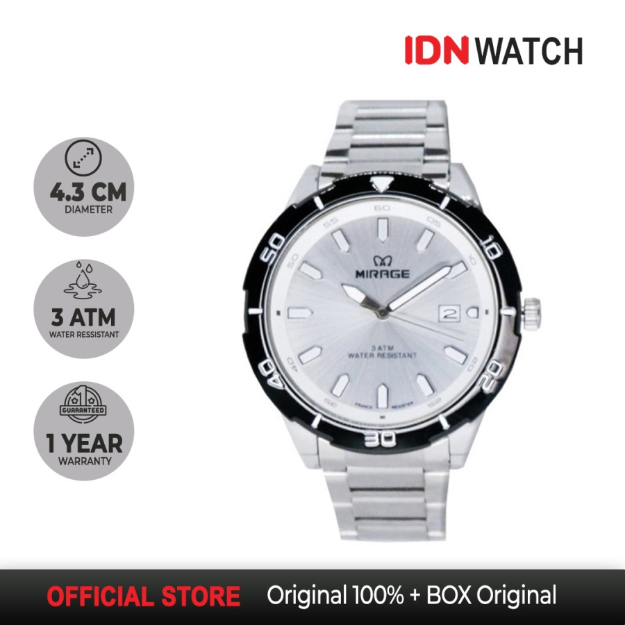 Jam Tangan Mirage Pria Sporty Original Stainless Steel Silver 8758 M Garansi 1 Tahun