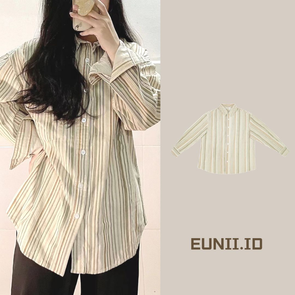 EUNII Korean Style Kemeja Kotak Lengan Panjang Blouses Wanita Atasan Loose Shirt