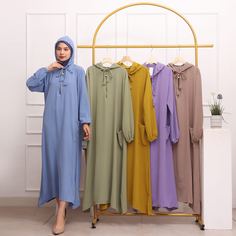 YESHA HOODIE DRESS CRINKLE AIRFLOW POLOS KANTONG JUMBO LD110 MURAH SACKDRESS  VIRAL MUSLIMAH GROSIR