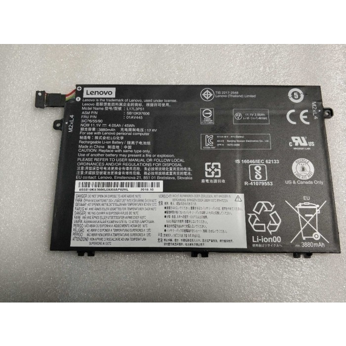 Baterai Ori Lenovo E480 E580 R480 R580 L17C3P51 L17L3P51 L17L3P52 L480