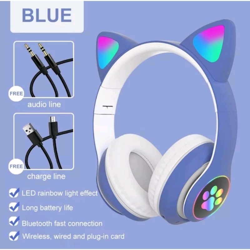 STN-28 Headset Bluetooth RGB LED Wireless Gaming Cat Ear Headphone Telinga Kucing Lucu