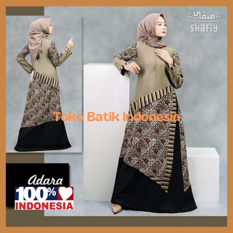 Baju Gamis Batik Etnik Shafiy GBL Adara Coklat Tenun Lurik Kombinasi Toyobo Dress Muslimah Syari Bus