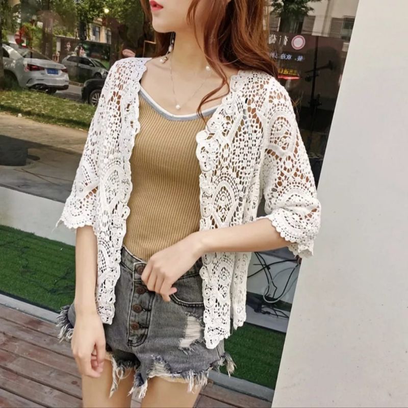 32110 Baju Outwear Outer cardigan luaran  CECILIA creme putih polos Korea Korean style wanita import